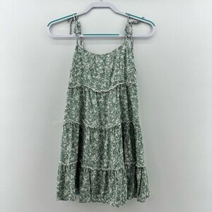 Womens Small Green White Floral Tie Ruffle Tiered Mini Dress Bohemian Flowy‎